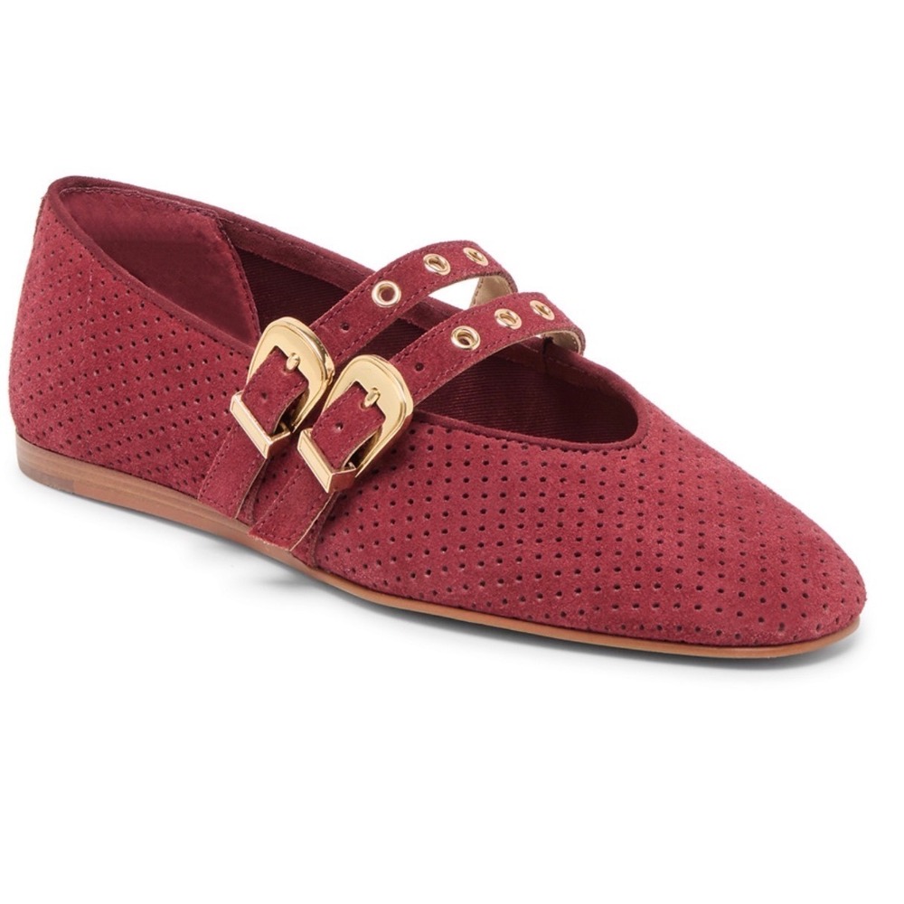 Dolce Vita Womens Burgundy Perforated Suede Double Buckle Mary Jane Flats